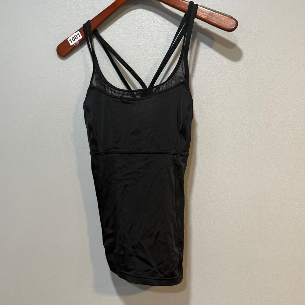 Lands End Womens Black Strappy Cross Back‎ Mesh Trim Tank Top 410301 Size 14